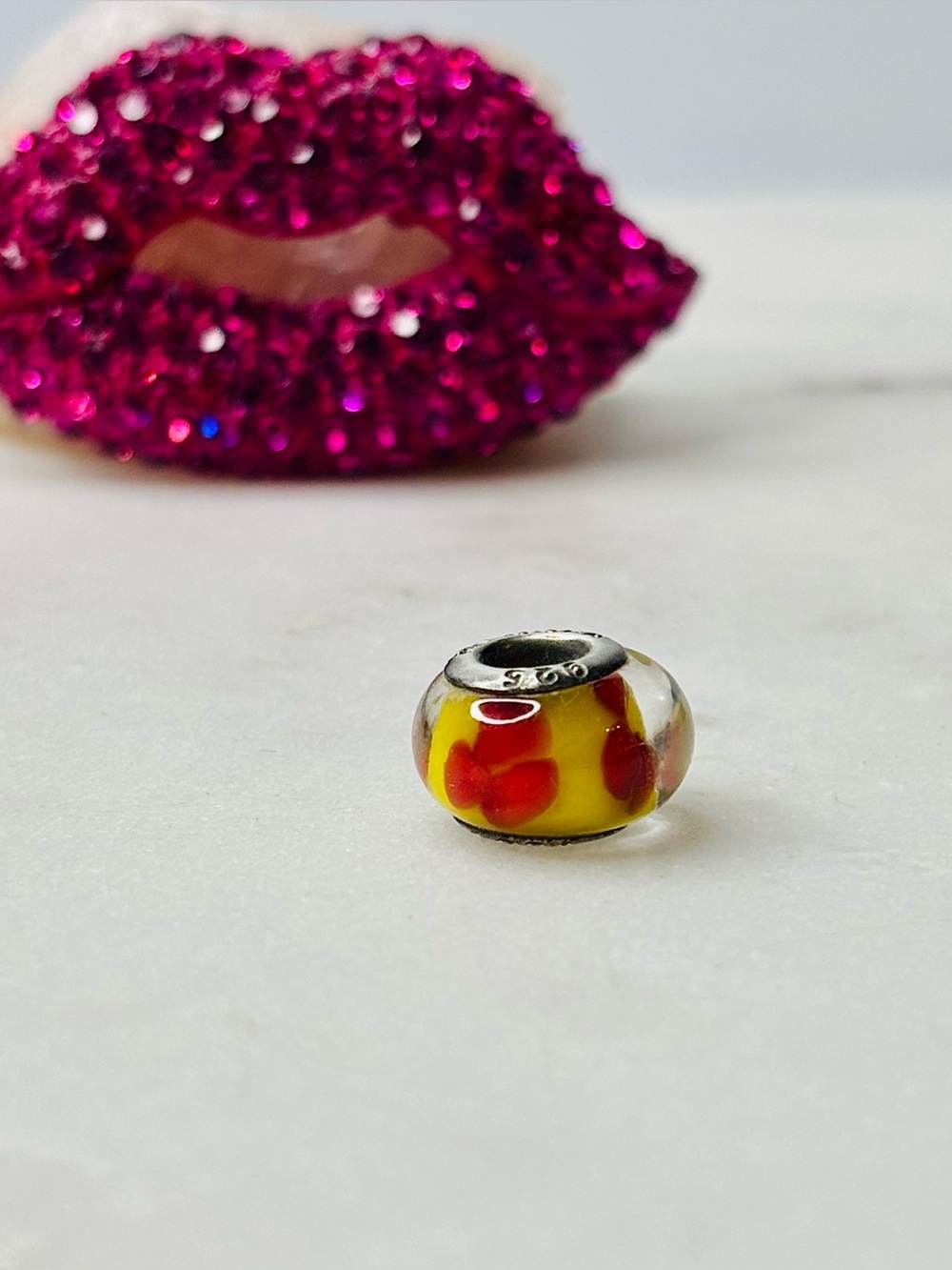 Pandora Yellow Glass Charm with Red Floral Accent